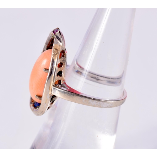 1455 - A 14CT GOLD CORAL AND MULTI STONE RING. 6.1 grams. K.