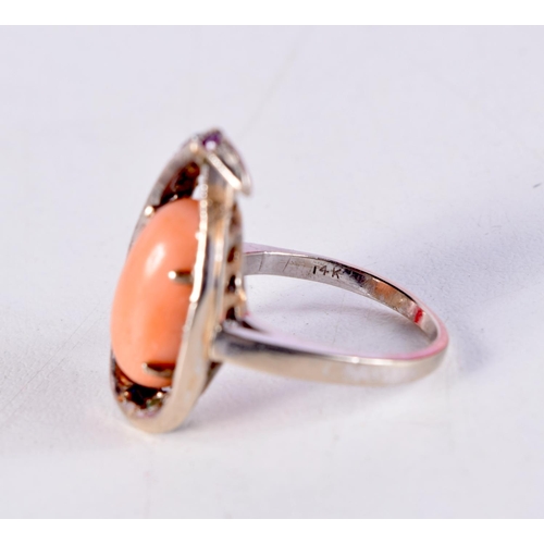 1455 - A 14CT GOLD CORAL AND MULTI STONE RING. 6.1 grams. K.