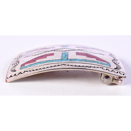 1503 - A SOUTH AMERICAN SILVER AND TURQUOISE TRIBAL BUCKLE. 35 grams. 5 cm x 7 cm.