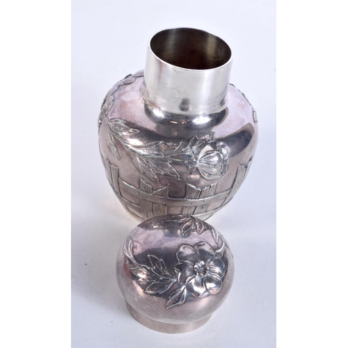 1563 - AN ART NOUVEAU WISKEMANN SILVER PLATED TEA CADDY AND COVER. 319 grams. 13 cm x 9.5 cm.