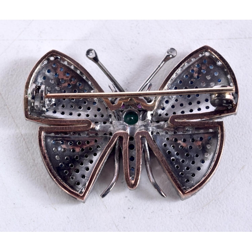 1589 - A GOLD BACKED SILVER DIAMOND AND SAPPHIRE BUTTERFLY BROOCH. 7.3 grams. 2.5 cm x 3.5 cm.