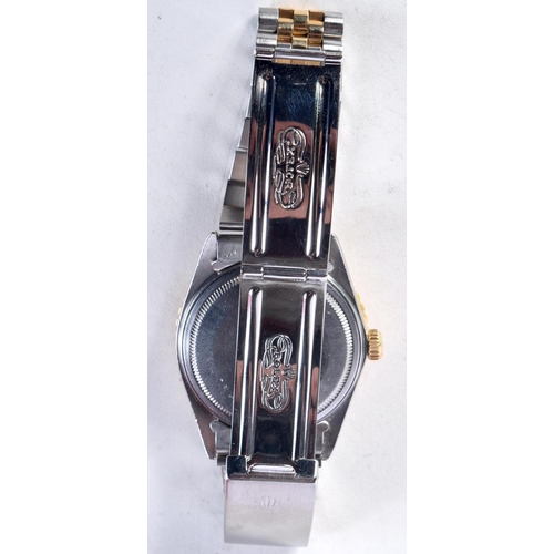 1618 - A GOOD ROLEX BLACK DIAL TWO TONE WRISTWATCH. 3.75 cm wide inc crown.