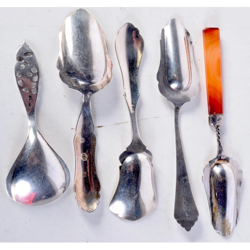 1629 - FIVE ANTIQUE SILVER CADDY SPOONS. 52 grams. (5)