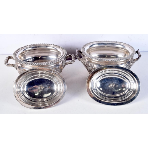 1677 - A PAIR OF EARLY 19TH CENTURY ENGLISH SILVER PLATED TUREENS AND COVERS. 1822 grams. 21 cm x 15.5 cm.