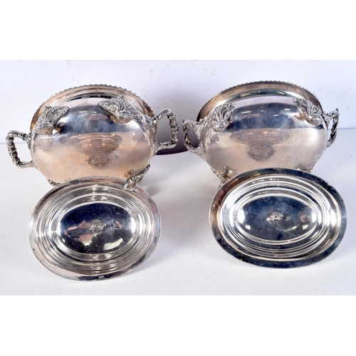 1677 - A PAIR OF EARLY 19TH CENTURY ENGLISH SILVER PLATED TUREENS AND COVERS. 1822 grams. 21 cm x 15.5 cm.