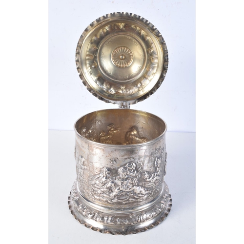 1702 - A LARGE 19TH CENTURY CONTINENTAL SILVER REPOUSSE STEIN decorated with cupids within landscapes. 1047... 