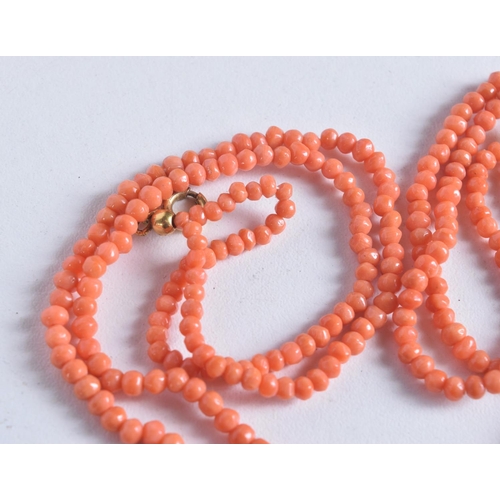 1740 - AN ART DECO DOUBLE CORAL NECKLACE. 13.3 grams. 41 cm long.