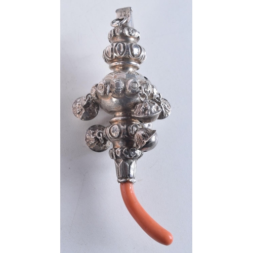 1754 - A VICTORIAN SILVER AND CORAL BABIES RATTLE. 56 grams. 12.5 cm x 4.5 cm.