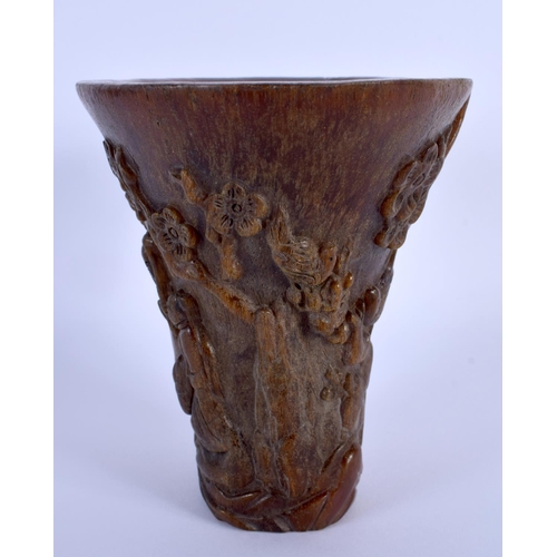 2002 - A CHINESE CARVED BUFFALO HORN TYPE LIBATION CUP 20th Century. 831 grams. 14 cm x 14 cm.