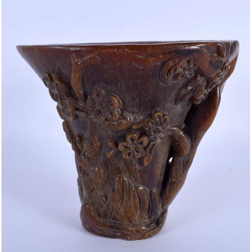 2002 - A CHINESE CARVED BUFFALO HORN TYPE LIBATION CUP 20th Century. 831 grams. 14 cm x 14 cm.