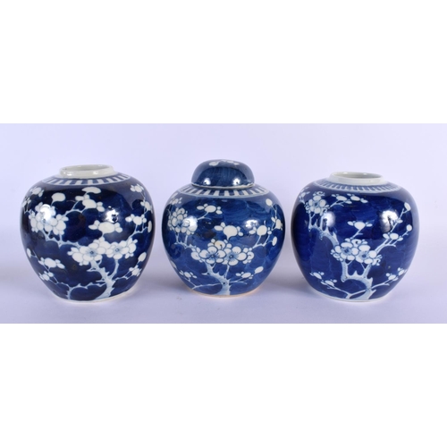 2013 - THREE 19TH CENTURY CHINESE BLUE AND WHITE GINGER JARS Qing, two with covers. Largest 15 cm x 10 cm. ... 