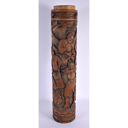 2030 - A LARGE 19TH CENTURY JAPANESE MEIJI PERIOD BAMBOO VASE unusually well carved with samurai within lan... 