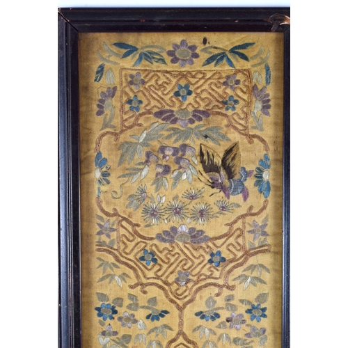 2034 - A PAIR OF 19TH CENTURY CHINESE SILK EMBROIDERED PANELS Qing, depicting birds amongst foliage. 55 cm ... 