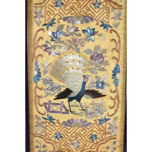 2034 - A PAIR OF 19TH CENTURY CHINESE SILK EMBROIDERED PANELS Qing, depicting birds amongst foliage. 55 cm ... 