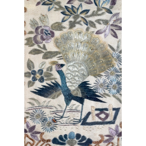 2034 - A PAIR OF 19TH CENTURY CHINESE SILK EMBROIDERED PANELS Qing, depicting birds amongst foliage. 55 cm ... 