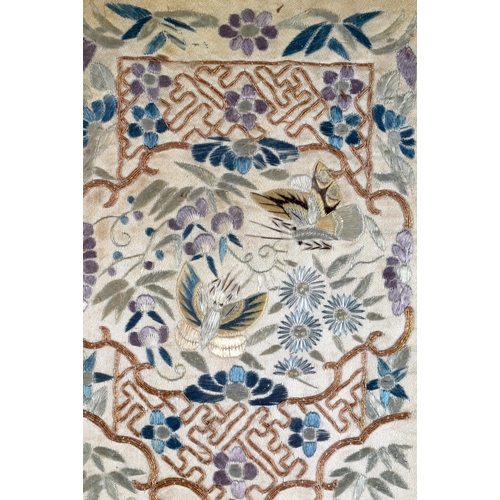 2034 - A PAIR OF 19TH CENTURY CHINESE SILK EMBROIDERED PANELS Qing, depicting birds amongst foliage. 55 cm ... 