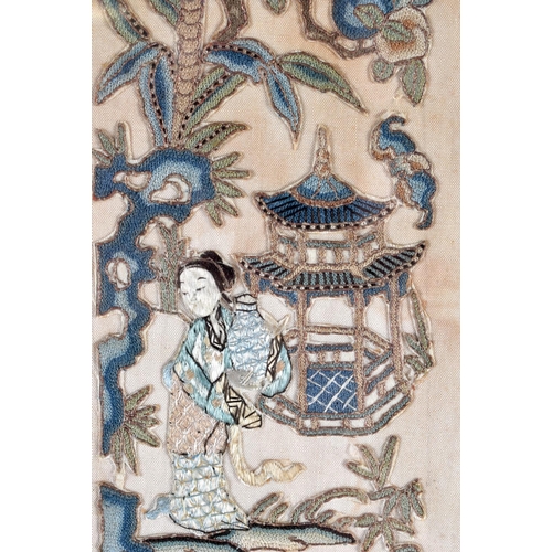 2035 - TWO 19TH CENTURY CHINESE SILK EMBROIDERED PANELS depicting birds and figures. Largest 50 cm x 10 cm.... 