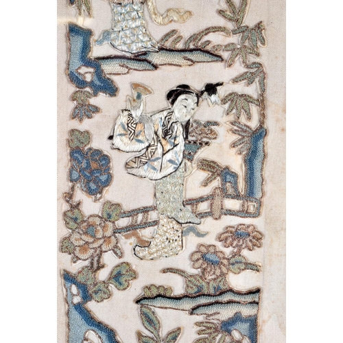 2035 - TWO 19TH CENTURY CHINESE SILK EMBROIDERED PANELS depicting birds and figures. Largest 50 cm x 10 cm.... 