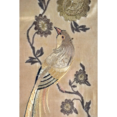 2035 - TWO 19TH CENTURY CHINESE SILK EMBROIDERED PANELS depicting birds and figures. Largest 50 cm x 10 cm.... 