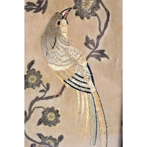 2035 - TWO 19TH CENTURY CHINESE SILK EMBROIDERED PANELS depicting birds and figures. Largest 50 cm x 10 cm.... 