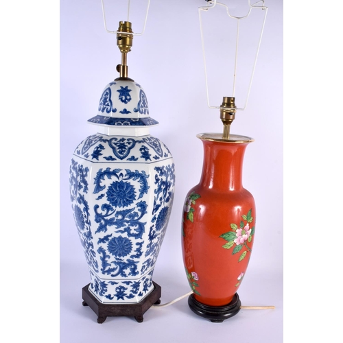 2038 - TWO CHINESE PORCELAIN LAMPS 20th Century. Largest 66 cm x 15 cm. (2)