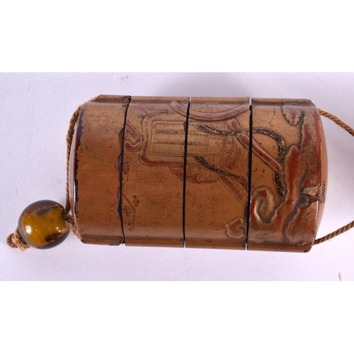 2053 - A 19TH CENTURY JAPANESE MEIJI PERIOD GOLD LACQUER INRO with boxwood netsuke, together with two bronz... 