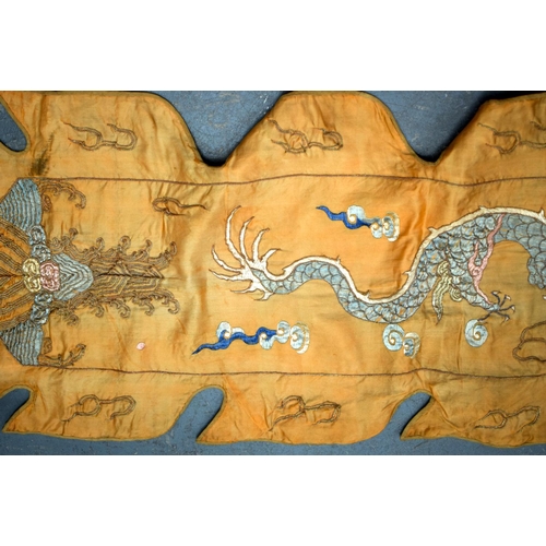 2054 - A PAIR OF 19TH CENTURY CHINESE ORANGE SILK EMBROIDERED DRAGON PANELS together with other similar sil... 