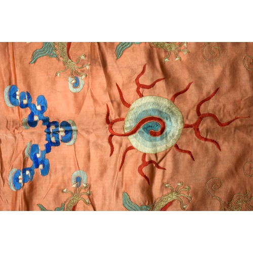 2054 - A PAIR OF 19TH CENTURY CHINESE ORANGE SILK EMBROIDERED DRAGON PANELS together with other similar sil... 