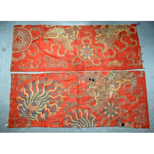 2054 - A PAIR OF 19TH CENTURY CHINESE ORANGE SILK EMBROIDERED DRAGON PANELS together with other similar sil... 