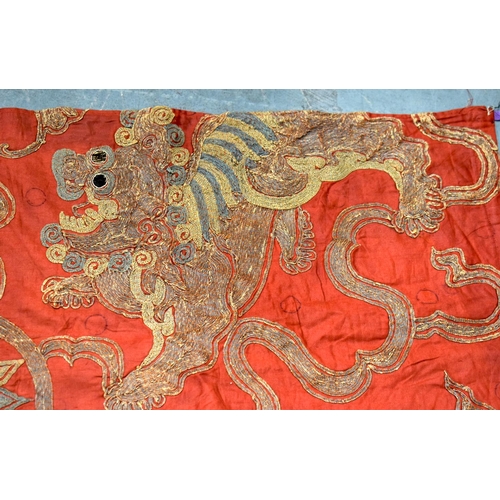 2054 - A PAIR OF 19TH CENTURY CHINESE ORANGE SILK EMBROIDERED DRAGON PANELS together with other similar sil... 