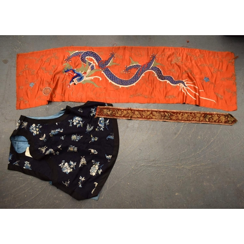 2054 - A PAIR OF 19TH CENTURY CHINESE ORANGE SILK EMBROIDERED DRAGON PANELS together with other similar sil... 