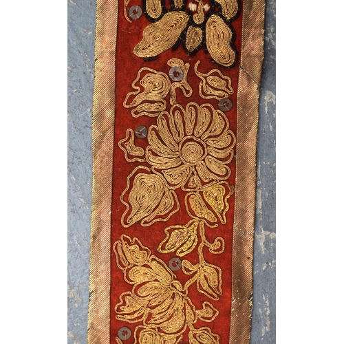 2054 - A PAIR OF 19TH CENTURY CHINESE ORANGE SILK EMBROIDERED DRAGON PANELS together with other similar sil... 