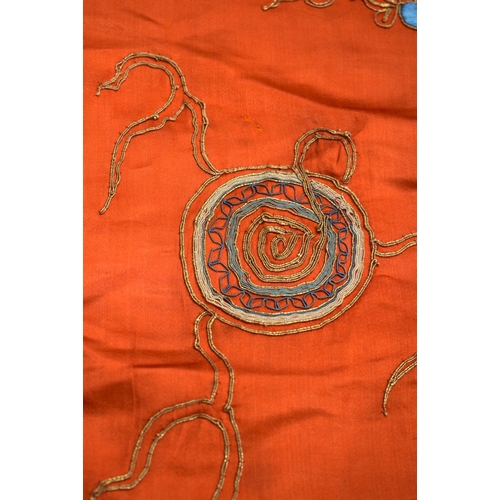 2054 - A PAIR OF 19TH CENTURY CHINESE ORANGE SILK EMBROIDERED DRAGON PANELS together with other similar sil... 