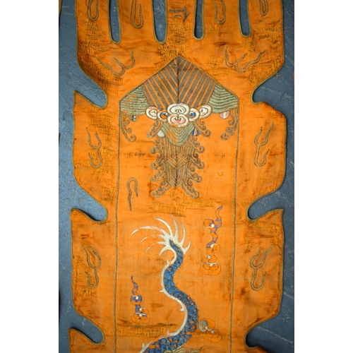 2054 - A PAIR OF 19TH CENTURY CHINESE ORANGE SILK EMBROIDERED DRAGON PANELS together with other similar sil... 