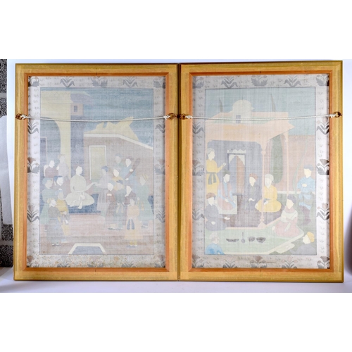 2077 - Indian School (C1900) Pair of Watercolours, Figures within temples. 56 cm x 46 cm.