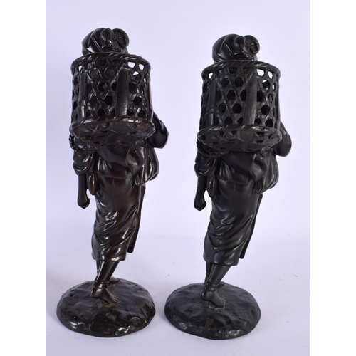 2109 - A PAIR OF 19TH CENTURY JAPANESE MEIJI PERIOD BRONZE OKIMONO modelled as roaming geisha holding baske... 