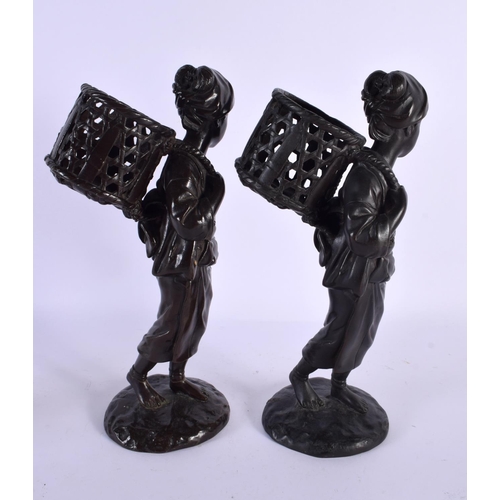 2109 - A PAIR OF 19TH CENTURY JAPANESE MEIJI PERIOD BRONZE OKIMONO modelled as roaming geisha holding baske... 