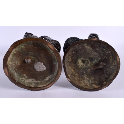 2109 - A PAIR OF 19TH CENTURY JAPANESE MEIJI PERIOD BRONZE OKIMONO modelled as roaming geisha holding baske... 