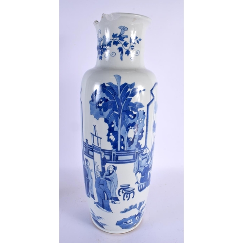 2114 - A LARGE 19TH CENTURY CHINESE BLUE AND WHITE PORCELAIN ROLWAGEN VASE Kangxi style. 48 cm x 14 cm.