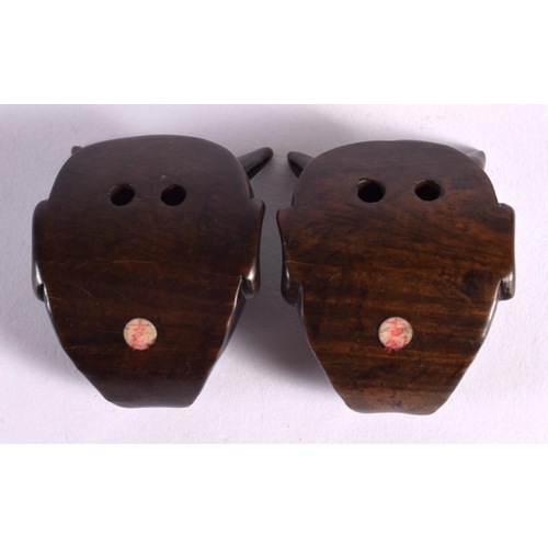 2154 - TWO JAPANESE CARVED BOXWOOD MASK NETSUKES. 5 cm x 3.75 cm. (2)