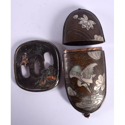 2155 - A JAPANESE TAISHO PERIOD MIXED METAL SPECTACLE CASE together with a mixed metal tsuba. Largest 15.5 ... 