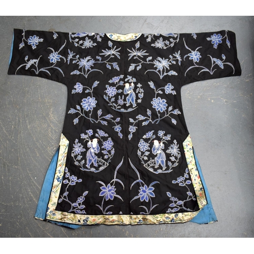 2213 - AN UNUSUAL LATE 19TH CENTURY CHINESE MIDNIGHT BLUE SILK EMBROIDERED ROBE Qing, decorated with figure... 