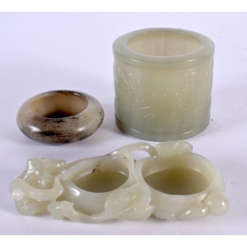 2224 - THREE CHINESE CARVED JADE BRUSH WASHERS 20th Century. Largest 9 cm x 5 cm. (3)