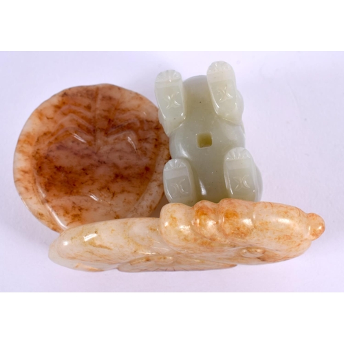 2225 - A CHINESE CARVED JADE BEAST 20th Century, together with a jade fly & a dragon plaque. Largest 8 cm x... 