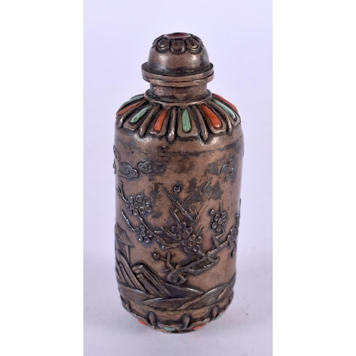 2258 - A 19TH CENTURY CHINESE SILVER CORAL AND TURQUOISE SNUFF BOTTLE Qing. 46 grams. 8 cm x 3 cm.