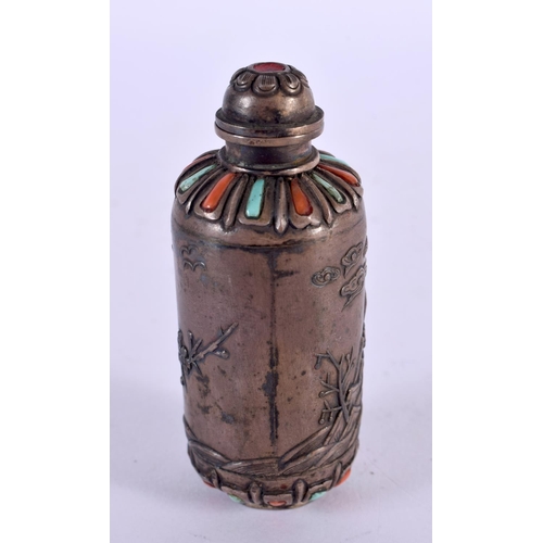 2258 - A 19TH CENTURY CHINESE SILVER CORAL AND TURQUOISE SNUFF BOTTLE Qing. 46 grams. 8 cm x 3 cm.