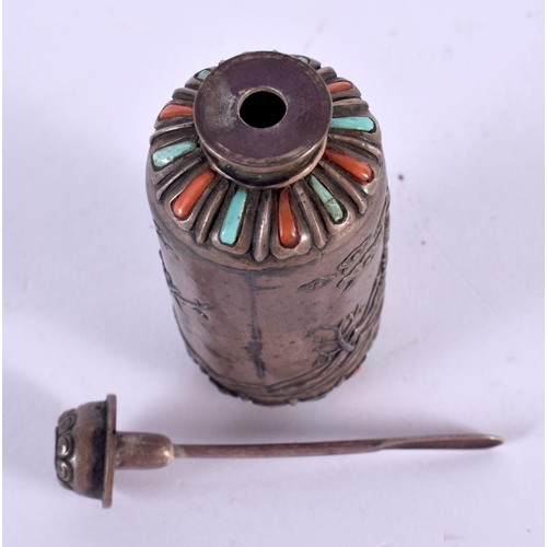 2258 - A 19TH CENTURY CHINESE SILVER CORAL AND TURQUOISE SNUFF BOTTLE Qing. 46 grams. 8 cm x 3 cm.