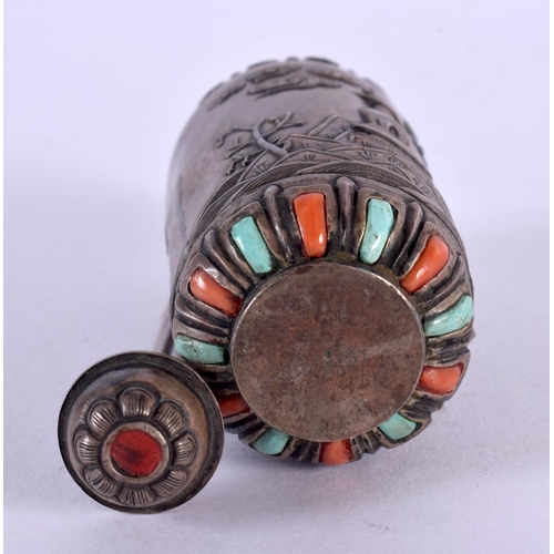 2258 - A 19TH CENTURY CHINESE SILVER CORAL AND TURQUOISE SNUFF BOTTLE Qing. 46 grams. 8 cm x 3 cm.