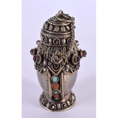 2262 - A 19TH CENTURY CHINESE TIBETAN SILVER SNUFF BOTTLE inset with gems. 44 grams. 6.5 cm x 4.5 cm.