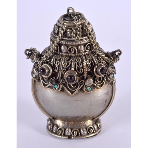 2262 - A 19TH CENTURY CHINESE TIBETAN SILVER SNUFF BOTTLE inset with gems. 44 grams. 6.5 cm x 4.5 cm.